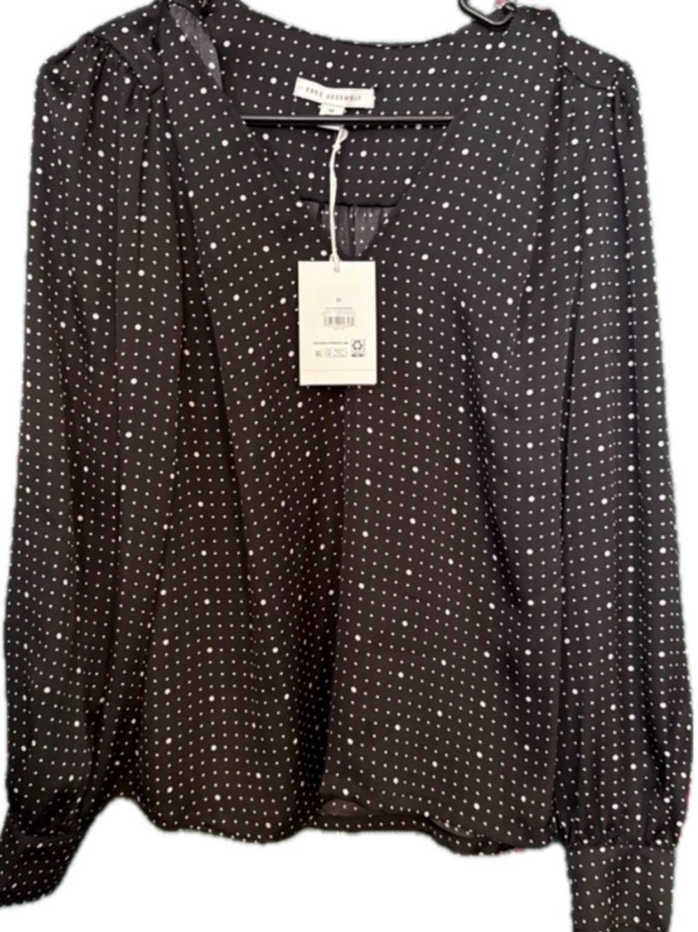 NWT Free Assembly Tie Bow Blouse Black Vintage Dot Long Sleeve- Med.